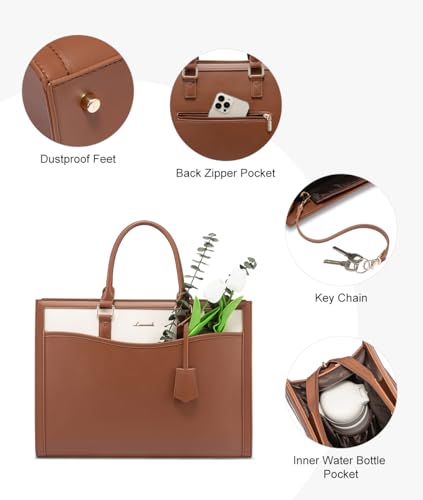 LOVEVOOK Laptop Tote Bag for Women, Leather Office Work Bag Briefcase fit for 15.6 inch Laptop, Large Teacher Computer Bag Handbag,2pcs Set Leather/Brown-White | PU Leather Business Briefcase Teacher Travel College Bag Handbag fit for 15.6 inch Laptop, Of