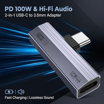 2 Pack USB C to 3.5mm Audio Adapter 2-in-1 HiFi DAC 100W PD Fast Charging Headphone Jack Widely Compatible for iPhone 15/15 Pro, iPad Pro, Samsung Galaxy, Gaming, Car Aux Gray