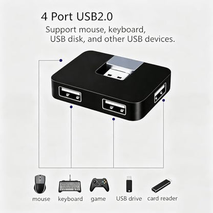 USB 2.0 Hub, 4-Port Mini U-Shape Data Transfer Hub for PC Laptop Desktop, Plug and Play, Black