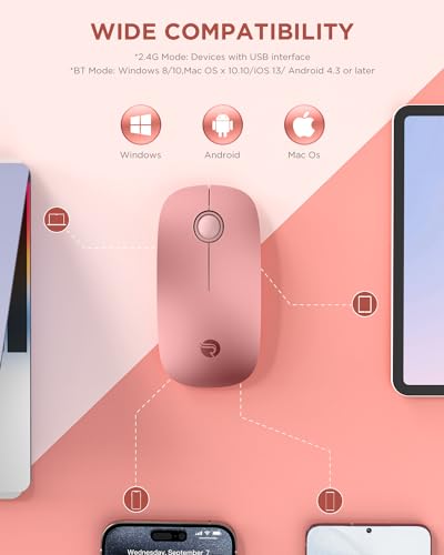 RAPIQUE Bluetooth Wireless Mouse, BT5.1+2.4G Slim Dual Mode, Rose Gold | Quiet clicks, Low Power, 1600 DPI, USB-A Receiver, Portable design, Works with MacBook, Laptop, iPad Pro/Air and Tablet - color: Rose Gold