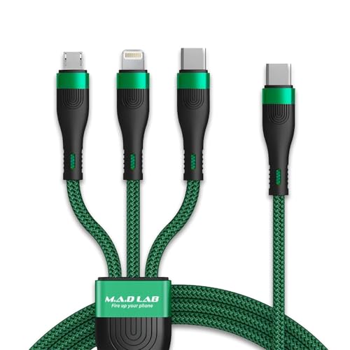 M.A.D LAB 100W USB-C Multi Charging Cable, 3-in-1 Nylon Braided, 4.3 ft | Multi charger cable: USB-C, Lightning and Micro-USB tips; up to 100W fast charge and 480Mbps data via USB-C connector only