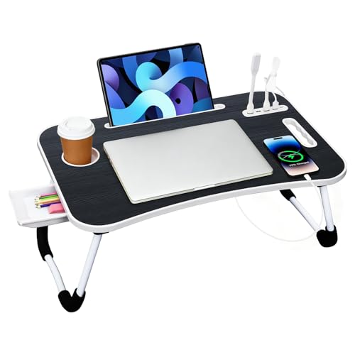 Portable Bed Desk, Foldable Laptop Desk with 4 USB Charge Port/Cup Holder/Tablet Slot/Storage Drawer, Folding Lap Table for Working, Writing, Drawing and Eating (Black) - color: Black