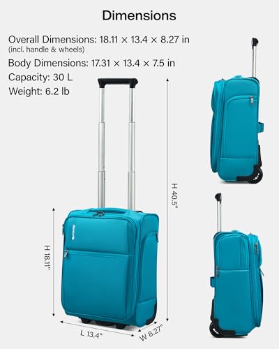 Hanke Underseat Carry On Luggage with Wheels, 17 Inch Rolling Bag | Fits 15.6 Inch Laptop, Shoe Bag Included, Small Suitcase, Softside, Trolley Sleeve, Water-Resistant, 30L, Caribbean Blue - color: Caribbean Blue, size: 17 Inch Underseat Plus