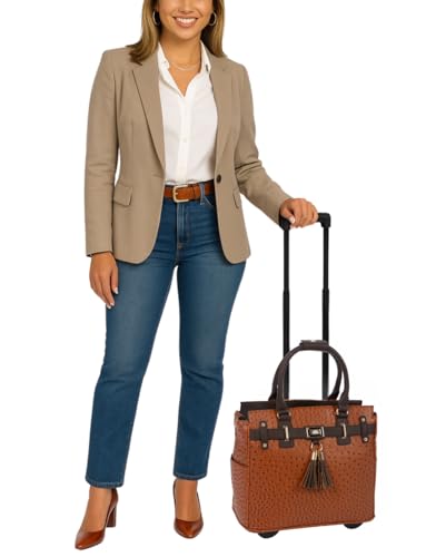 JKM & Company Rolling Laptop Bag for Women | Designer Wheeled Briefcase | Fits 13-17" Laptops | Office Travel Computer Case - color: Brown