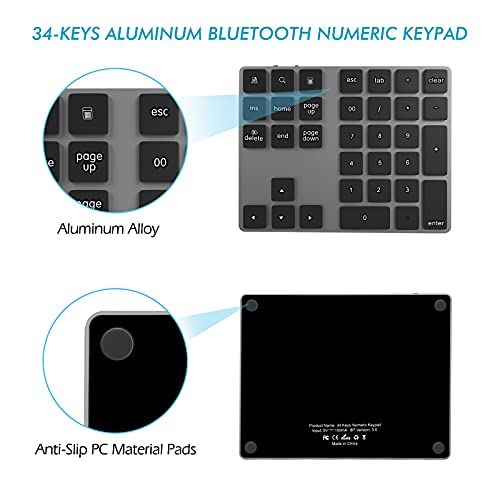 Foloda Bluetooth Numeric Keypad, Aluminum Rechargeable 34-Keys Wireless Number Pad External 10 Keys Numpad Data Entry Compatible for Laptop MacBook Mac Windows - color: Black