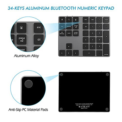 Foloda Bluetooth Numeric Keypad, Aluminum Rechargeable 34-Keys Wireless Number Pad External 10 Keys Numpad Data Entry Compatible for Laptop MacBook Mac Windows - color: Black