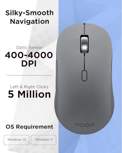 Lenovo Yoga Bluetooth Silent Mouse, 3 Level DPI Adjustment, 36 Month Battery Life, Bluetooth 5.3, 3 Device Paring, Whisper Quiet, Programmable Buttons, Smooth Finish, Luna Grey - color: Luna Grey
