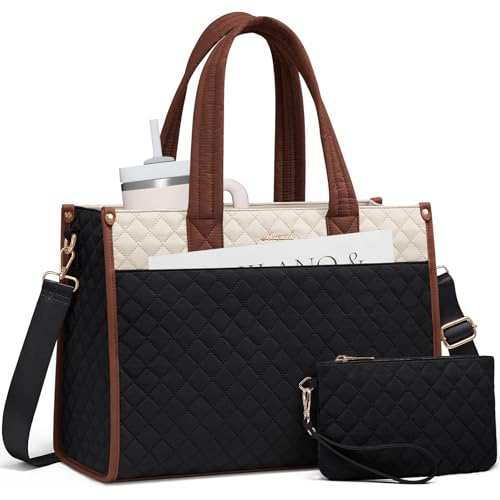 LOVEVOOK Laptop Bag for Women,15.6 Inch Laptop Tote Bag,Quilted Work Tote Bags Women, Professional Computer Business Teacher Tote Bag Office Briefcase Purse,Lightweight Shoulder Travel - color: Black and White Brown, size: 15.6 inch