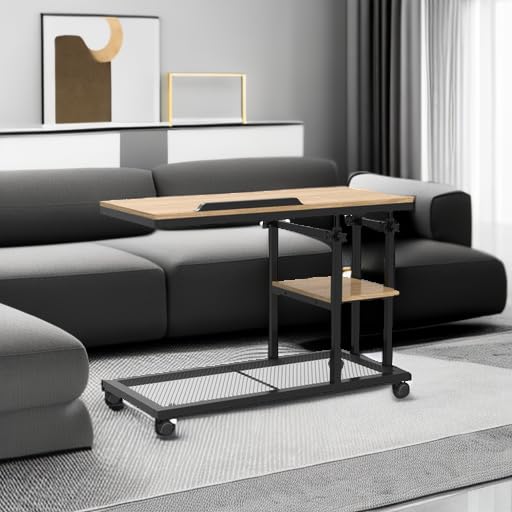 Tribesigns Height Adjustable C Table with Wheels, Mobile Couch Snack Side Table with Tiltable Drawing Board, Sofa Bedside Laptop Stand C Shaped TV Tray with Storage Shelves (Black+Oak) - color: Black+oak