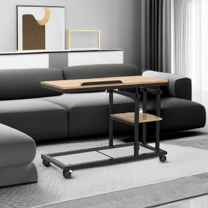 Tribesigns Height Adjustable C Table with Wheels, Mobile Couch Snack Side Table with Tiltable Drawing Board, Sofa Bedside Laptop Stand C Shaped TV Tray with Storage Shelves (Black+Oak) - color: Black+oak