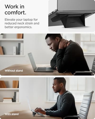 Spigen Slim Fold Adhesive Laptop Stand Foldable Portable Dual Ergonomic Angle Adjustment Lift Anti-Slip Compatible with MacBook Neo, MacBook Air, MacBook Pro 11"-16" and More - Black (LD201-S3) | Dual Ergonomic Angle Adjustment Lift Anti-Slip for MacBook