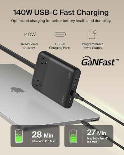 Belkin Charging Station Power Strip 3 USB-C Charger 2 AC 1 USB-A 140W GaN | GaN technology, compact charging station, iPhone, Apple Watch, iPad, MacBook, Chromebook, Galaxy, Pixel - style: 140W, 2 AC Outlet