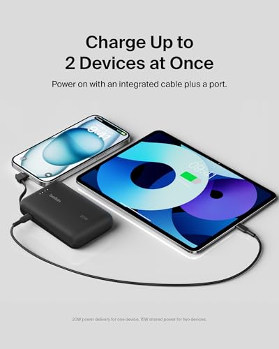 Belkin 10000mAh 20W USB C Power Bank, Portable Charger for iPhone & iPad | Fast Charging, Integrated USB C Cable, Eatra USB C Port, iPhone 17, iPad, Samsung Galaxy S26, Charge 2 Devices - color: Black, style: 10K mAh