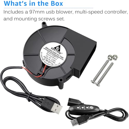 GDSTIME 97mm USB Blower Fan with 3 Speeds Control, 5V Powered 9733 DC Brushless Squirrel Cage Blowers Centrifugal Cooling Fans - size: 97mm x 33mm