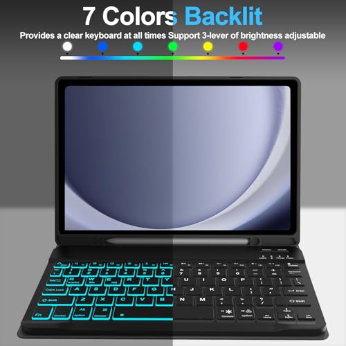 Keyboard Case for Samsung Galaxy Tab A9 Plus 5G 11 Inch 2023, 7 Color Backlit Detachable Wireless Bluetooth Keyboard Cover with S Pen Holder, Auto Sleep/Wake (Black) - color: Light Black