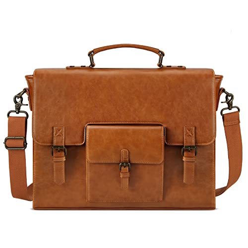 Leather Messenger Bag for Men 15.6 Inch Waterproof Vintage Leather Laptop Briefcase Large Satchel Shoulder Bag Office Travel College Computer Laptop Bag, Brown - color: Brown