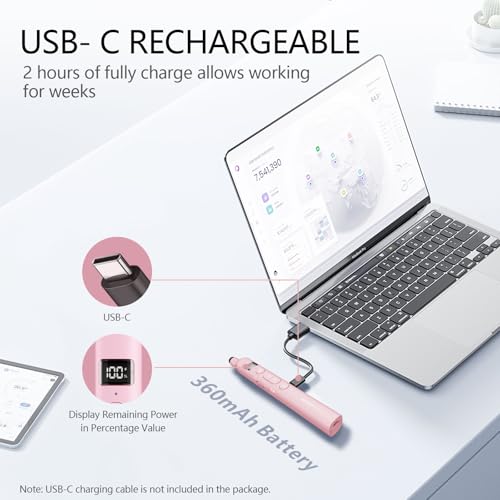N21 Bluetooth Presentation Clicker for PowerPoint with Retractable Pointer | ①Green laser ②Telescopic touch pen ③Countdown timer, vibration alert ④Customizable Button ⑤Rechargeable;battery level display - color: Pink - Green Pointer