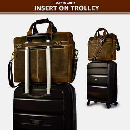 Hindoro 16 Inch Full Grain Leather Laptop Messenger Briefcase Bag for Men - Leather Satchel for Business Travel and Office Crossbody Shoulder Bag - Brown