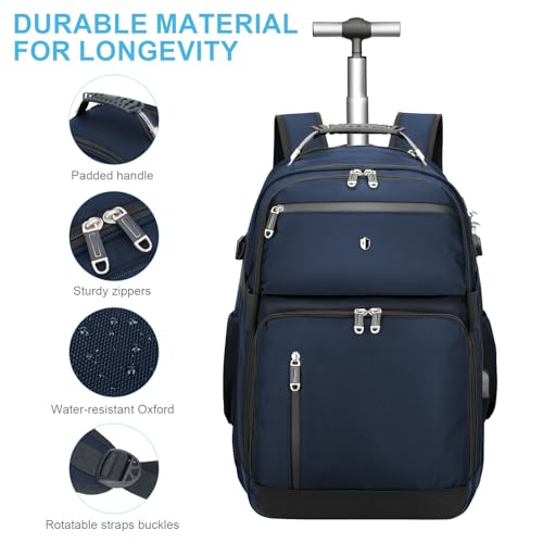 Backpack with wheels,rolling backpack with 2 Packing Cubes,compression bags for travel,Water-Resistant Carry-On Luggage,Business and Commuting (Blue) - color: Blue
