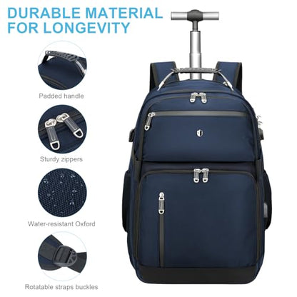 Backpack with wheels,rolling backpack with 2 Packing Cubes,compression bags for travel,Water-Resistant Carry-On Luggage,Business and Commuting (Blue) - color: Blue