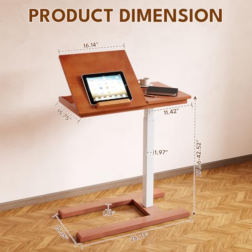 28" W x 16" D Tilt Desktop Overbed Table with H-Shaped Sturdy Base, Premium Rubberwood with 360° Concealed Casters, Moveable Bedside Table for Home,Office,Hospital Use (Wood) - color: Wood, style: Tilt