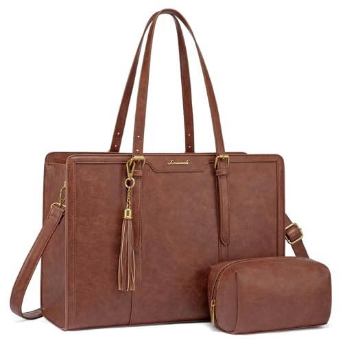 LOVEVOOK Laptop Tote Bag for Women,15.6 Inch Vintage Work Bag with Clutch,Large Leather Laptop Purse with Cup Holder for Teacher,Office - color: Brown, size: 15.6 inch