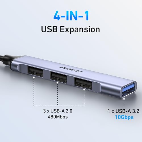 BENFEI 4-Port USB Hub: 1x 10Gbps USB 3.2 + 3X USB 2.0- for Mouse, Keyboard, Flash Drive, Printer - Compatible with Laptop, PC, Xbox, PS5