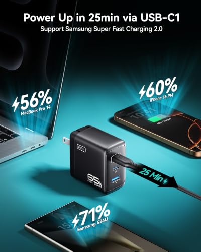 INIU 65W USB C Charger Block, 3-Port GaN Fast Charging Adapter with 100W Cable & Advanced Protection, Foldable Travel Charger for iPhone 17 16 15 Pro Max, iPad, Samsung S26 S25 Ultra, Pixel eReaders