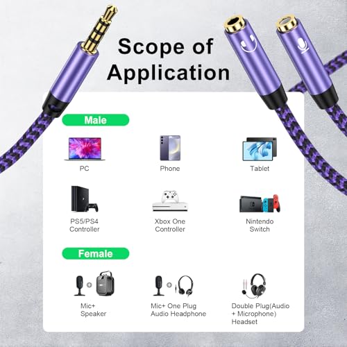 Headphone Splitter Cable 3.5mm Male to 3.5mm Female Headphone & 3.5 mm Microphone Jack Adapter Audio Stereo Y Splitters Adapter HiFi Sound Aux Extension Cable for Earphone Phone PS5 PS4 Switch Tablets - color: purple