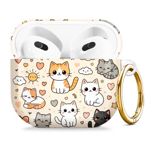 Compatible with AirPod 4 Case 2024, Cute Hard Plastic Protective Cover for Airpod 4th Generation Women, Shockproof Shell Skin with Gold Ring Keychain,Cute Cats Hearts Clouds Sun Moon Stars - color: Cute Cats Hearts Clouds Sun Moon Stars