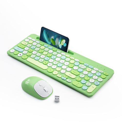 Retro Wireless Keyboard and Mouse Combo, Full-Size USB Keyboard with Round Keycaps, 2.4GHz Wireless for Desktop, Laptop and Computer (Green-Colorful) - color: Green-Colorful