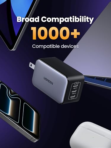 UGREEN Nexode 65W GaN USB C Wall Charger, 3-Port Type-C Fast Power Adapter Compatible with iPhone 17/16/15 Series, Galaxy S25/S24, Pixel 10/9, MacBook Pro/Air, iPad Pro/Air, Steam Deck