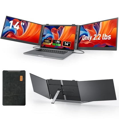 14.1'' Triple Laptop Screen Extender, 2.2lbs Ultra-Light Portable Monitor | 1080P FHD IPS, Fits 13-17.3" Laptops, USB-C Plug & Play No Driver, Extended for Windows/Mac/Chrome, Aluminum Alloy Body - color: 14" Dark Grey