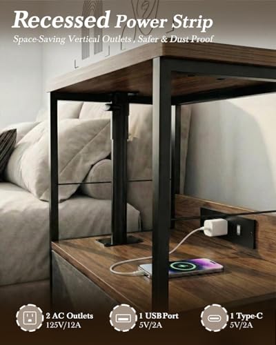 Faesun Swivel Lift Top Nightstand with Charging Station, Rolling Night Stand with Fabric Drawer, Adjustable Bedside Table for Bedroom, Living Room, Walnut Gray, Pro - color: 02 - Walnut Gray, size: 1 Drawer (Tray Top)