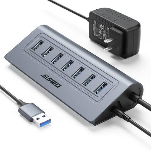 Powered USB Hub, JESWO 7-Port USB 3.0 Hub, Aluminum USB Data Hub with 3.3ft Cable, USB Hub 3.0 Powered with 5V/4A Power Adapter for MacBook, Notebook PC, USB-Flash Drives, Mobile HDD and More (Grey) - color: Grey
