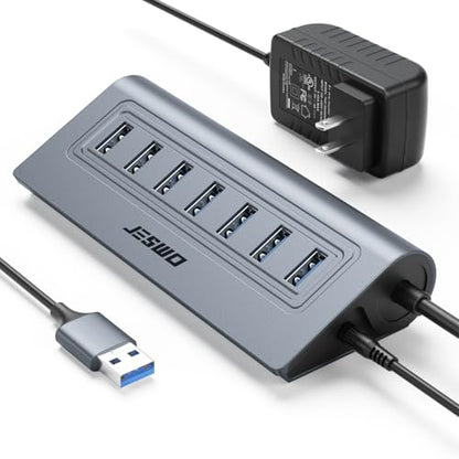 Powered USB Hub, JESWO 7-Port USB 3.0 Hub, Aluminum USB Data Hub with 3.3ft Cable, USB Hub 3.0 Powered with 5V/4A Power Adapter for MacBook, Notebook PC, USB-Flash Drives, Mobile HDD and More (Grey) - color: Grey