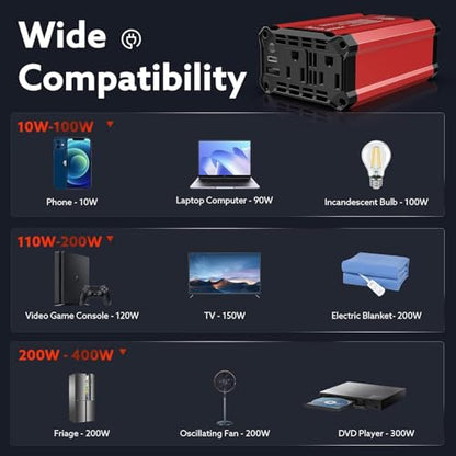 400W Power Inverter DC 12V to AC 110V Car Adapter | PD 30W USB C, QC 18W USB-A Fast Charging Ports, 2 AC Outlets, Car Charger Plug Adapter Outlet for Laptop, Phone, Road Trip - color: Red