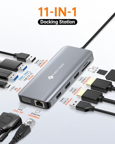 USB C Docking Station Dual HDMI Adapter, 11 in 1 Multi Display Docking Station Dual Monitor with 2 HDMI, VGA, 100W PD, 4 USB, USB C Hub Multiport Dongle Compatible with MacBook/Dell/HP/Lenovo Laptops - style: 11-in-1