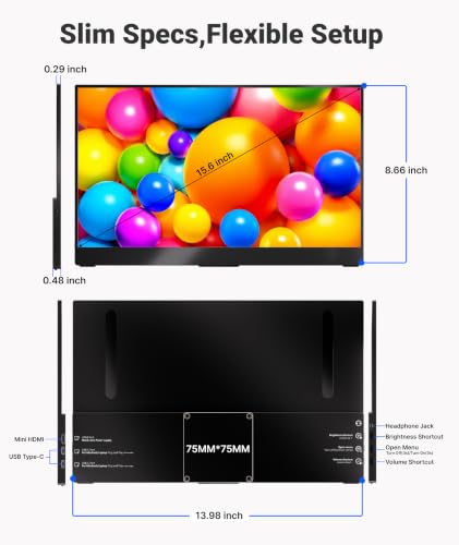 Ingnok Portable Monitor for Laptop,15.6'' 1080P, with Magnetic Case | 1080P 1.44lbs Ultra-slim Travel Monitor, USB C Mini HDMI for Mac,mini PC,Built-in speakers,VESA-ready,Easy to Carry - size: 15.6 inches