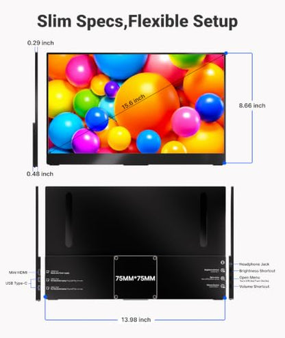 Ingnok Portable Monitor for Laptop,15.6'' 1080P, with Magnetic Case | 1080P 1.44lbs Ultra-slim Travel Monitor, USB C Mini HDMI for Mac,mini PC,Built-in speakers,VESA-ready,Easy to Carry - size: 15.6 inches