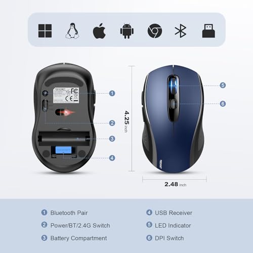 TECKNET 2-in-1 Bluetooth Mouse (BT 5.0/3.0+2.4Ghz), 6-Level 4000 DPI-Black | BT 5.0/3.0 & 2.4G wireless mouse with 4000 DPI, silent clicks, ergonomic design, and USB receiver for laptop and PC. - color: Blue