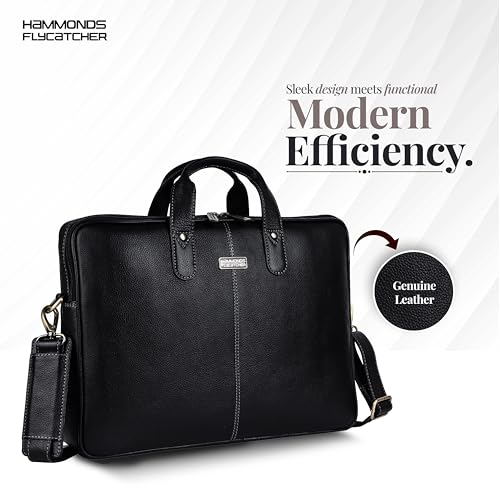 HAMMONDS FLYCATCHER Genuine Leather Laptop Bag for Men, Padded 15.6" Laptop Sleeve, Leather Messenger Bag for Men Briefcases - color: Classic Black