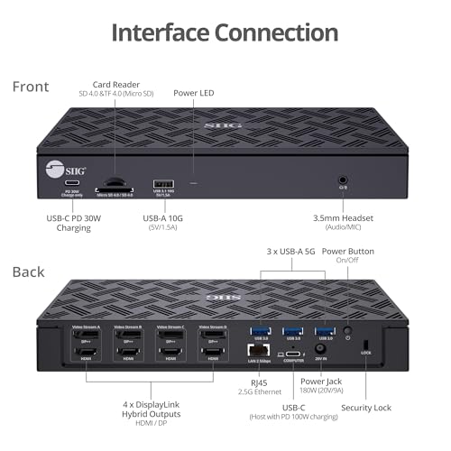 SIIG DisplayLink USB-C Dock, Quad 4K60Hz, 100W PD, 2.5GbE, JU-DK0Q11-S1 | Drive four 4K60 displays through DisplayLink; 100W PD, USB expansion and 2.5GbE support dense professional workstations. - style: Quad 4K Display