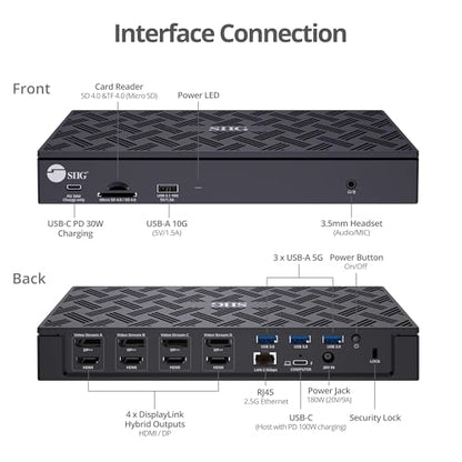 SIIG DisplayLink USB-C Dock, Quad 4K60Hz, 100W PD, 2.5GbE, JU-DK0Q11-S1 | Drive four 4K60 displays through DisplayLink; 100W PD, USB expansion and 2.5GbE support dense professional workstations. - style: Quad 4K Display