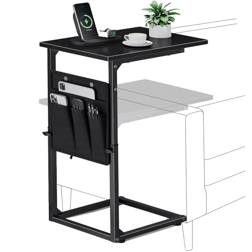 Vagusicc C-Shaped End Table, Small Side Table for Couch, Sofa Table Adjustable Height End Tables Living Room, Bedside Slide Under Couch Table for Sofa, TV Tray Table with Metal Frame for Bedroom,Black - color: Black, style: With Storage Pocket