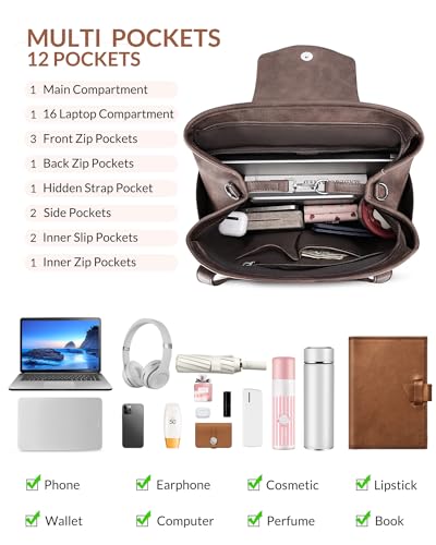 SYTRAH Laptop Bag for Women 15.6 inch Leather Backpack Purse - color: Dark Coffee