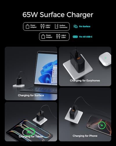 65W Surface Pro Charger,Microsoft Windows Surface Charger for Surface Pro 3/4/5/6/7/8/9/10/X/11/12 Power Adapter,Compatible for Both Microsoft Surface Book/Laptop/Tablet,Support 44W 36W - color: Black