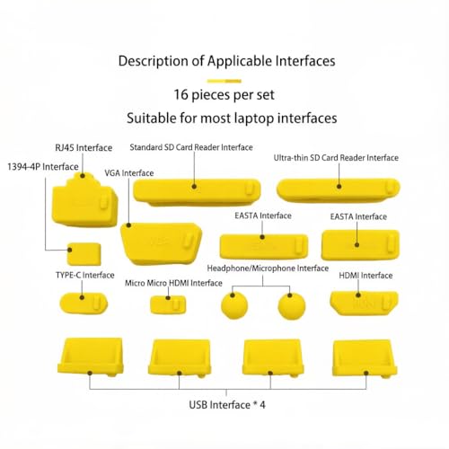 2-Pack 16-in-1 Silicone Dust Plugs for Laptop USB-C HDMI SD and More Yellow | Soft silicone protects USB-C, HDMI, SD, Ethernet, 3.5mm ports from dust. Snug fit, non-scratch. 2 complete sets, Yellow - color: Yellow