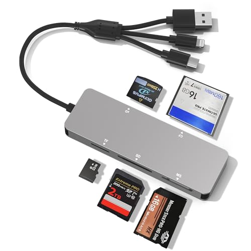 Memory Stick Pro Duo Reader for Lexar/Sony/Fuji - 5in3 Aluminum OTG Adapter for Memory Stick Pro Duo/XD/Compact Flash/SD/Micro SD Cards, Lightning USB C USB A Multi Card Reader for Camera/GoPro/Drone