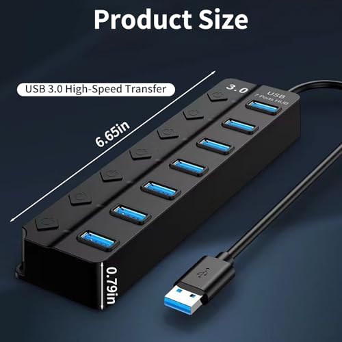 USB Hub 3.0, 7-Port USB Hub Splitter with Individual On/Off Switches and Lights, 3.2ft/1m Long Cable Compatible with MacBook/Laptop/Surface Pro/PS4/PC/Flash Drive/Mobile HDD